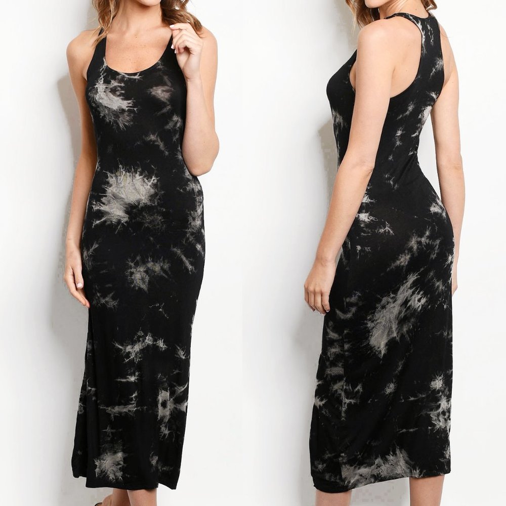Black Bleach Tie Dye Racer Back Soft Maxi Dress - Picture 4 of 8